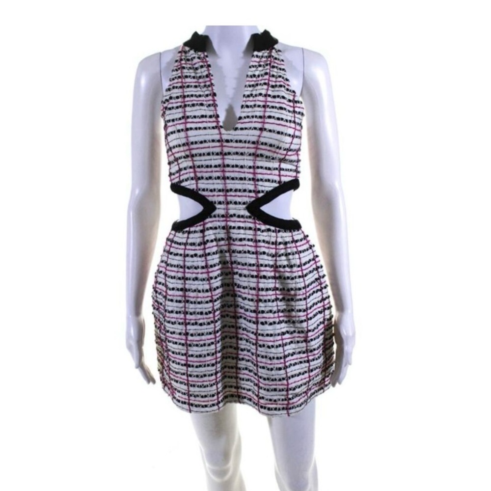 Aje Womens Plaid Embroidered Cutout V Neck Mini Dress White Black Pink Size 8